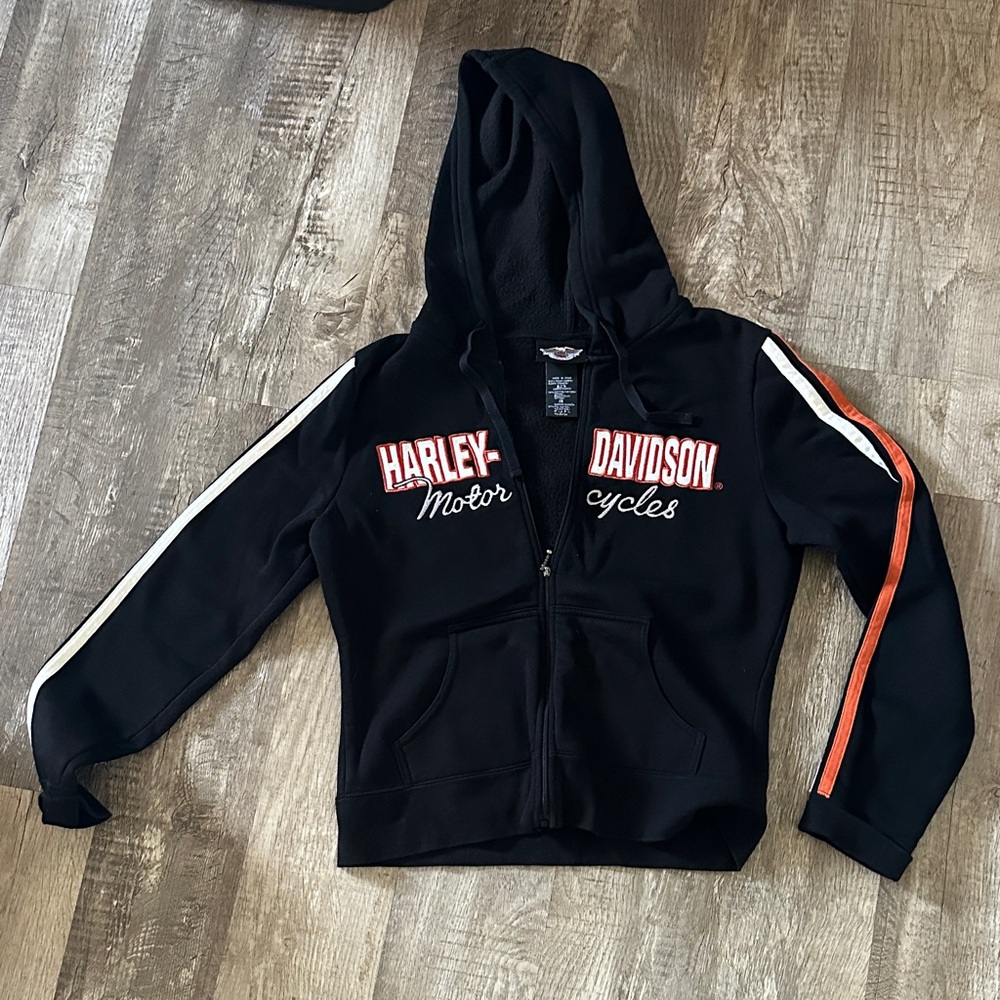 Harley-Davidson Womens Black Zip-Up Hoodie with Orange and White Stripes